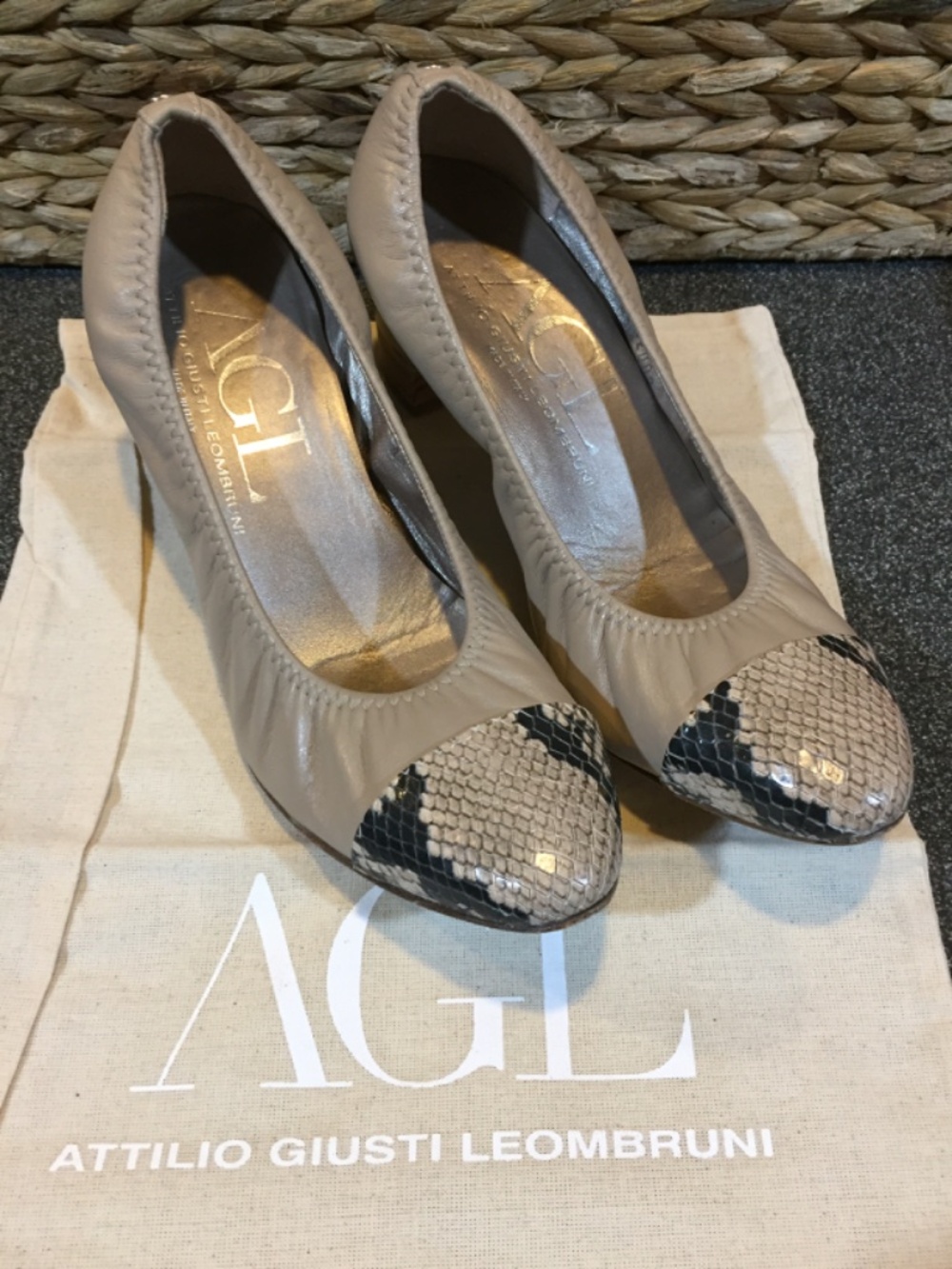 Attilio Giusti Leombruni Taupe Leather Flats with Snake-Print Cap Toe